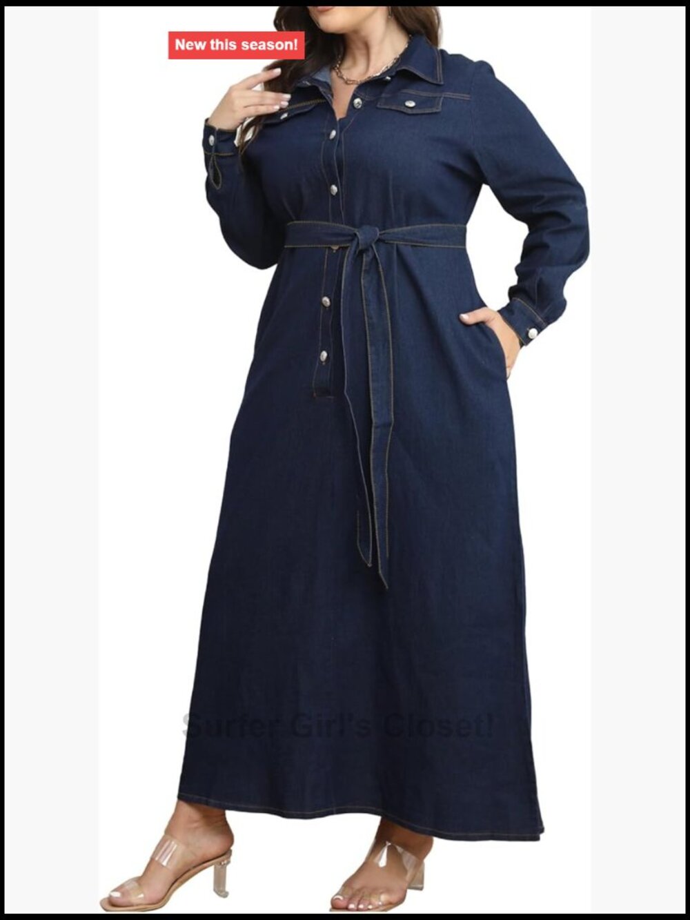 Long Sleeve Button Front Denim Dress A-Line Maxi Dress with Side Pockets